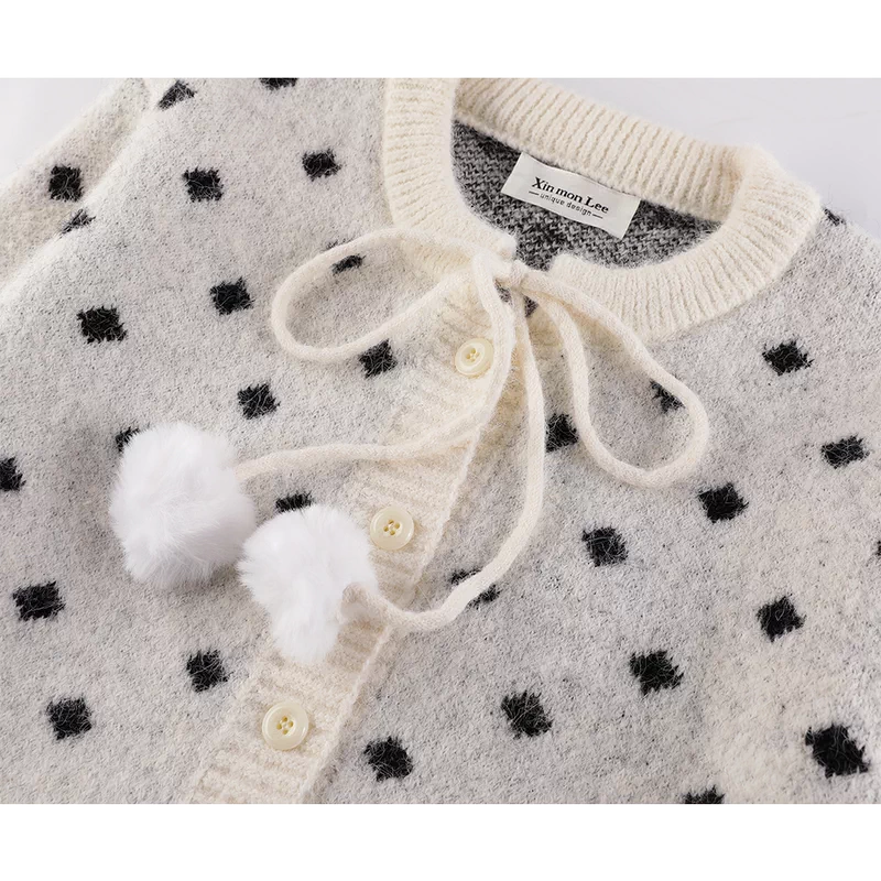 Polka Dot Knit Cardigan with Pom Pom Ties 3