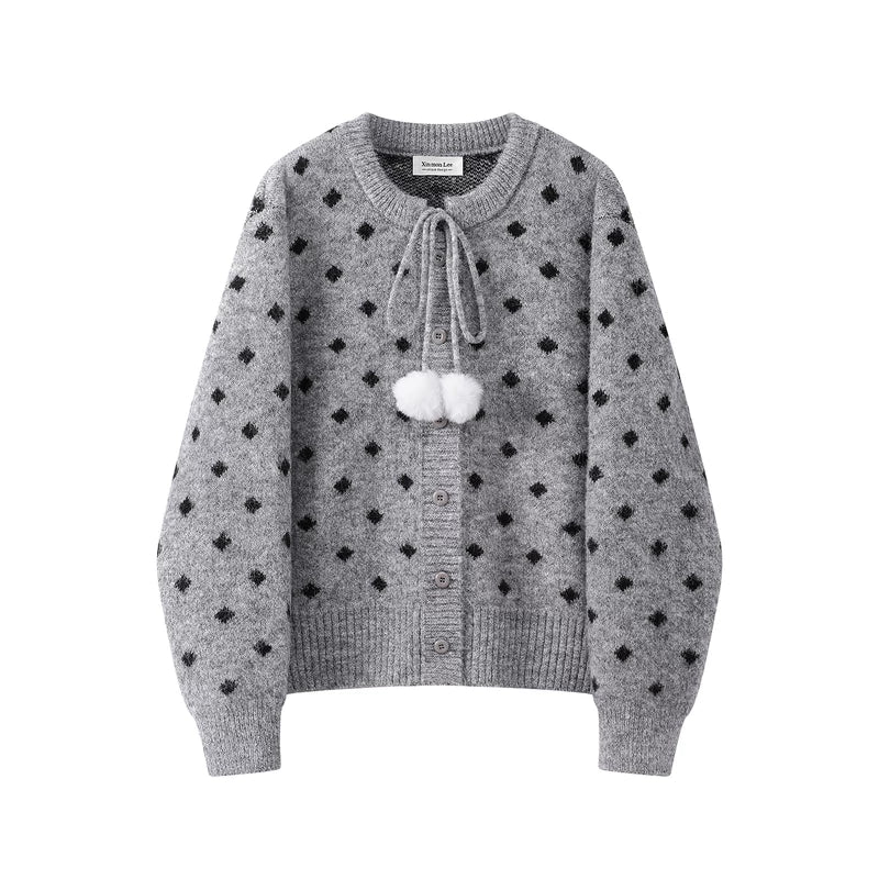 1627207:28334,6007703881976,1627207:28334,6007703881974,1627207:28334,6007703881975,6007703881976,6007703881974,6007703881975, Polka Dot Knit Cardigan with Pom Pom Ties