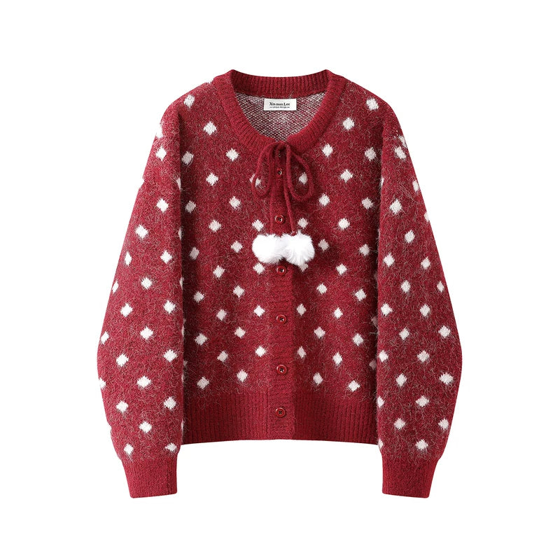 1627207:28326,6007703881977,1627207:28326,6007703881978,1627207:28326,6007703881979,6007703881977,6007703881978,6007703881979, Polka Dot Knit Cardigan with Pom Pom Ties