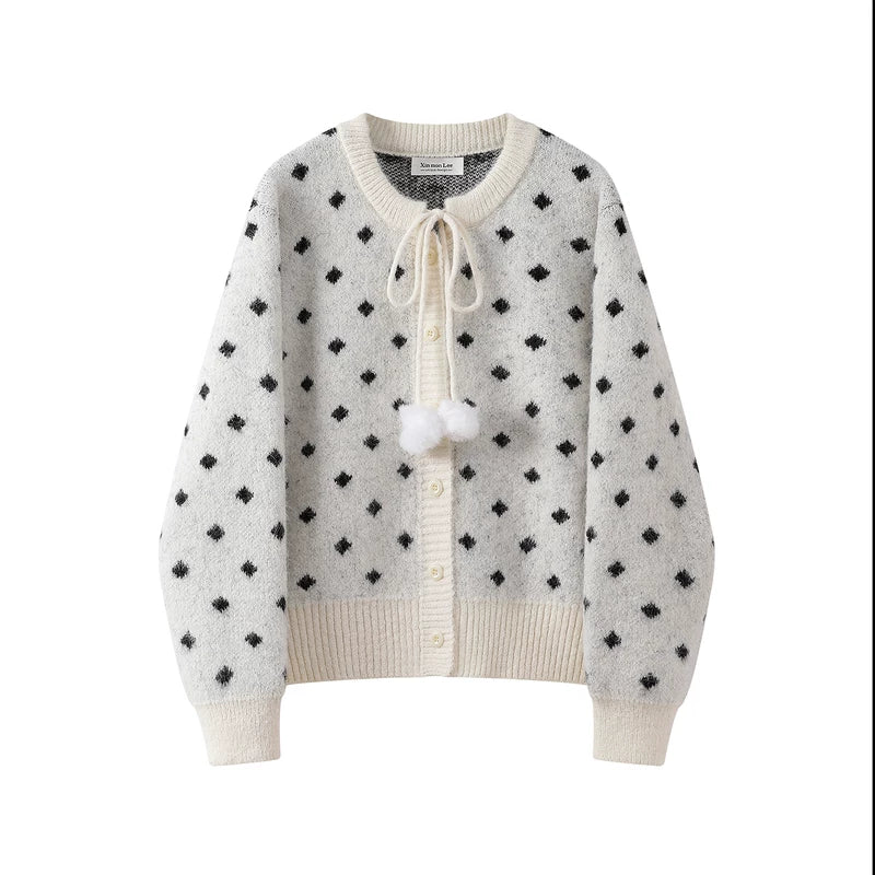 1627207:30155,6007703881980,1627207:30155,6007703881981,1627207:30155,6007703881982,6007703881980,6007703881981,6007703881982, Polka Dot Knit Cardigan with Pom Pom Ties