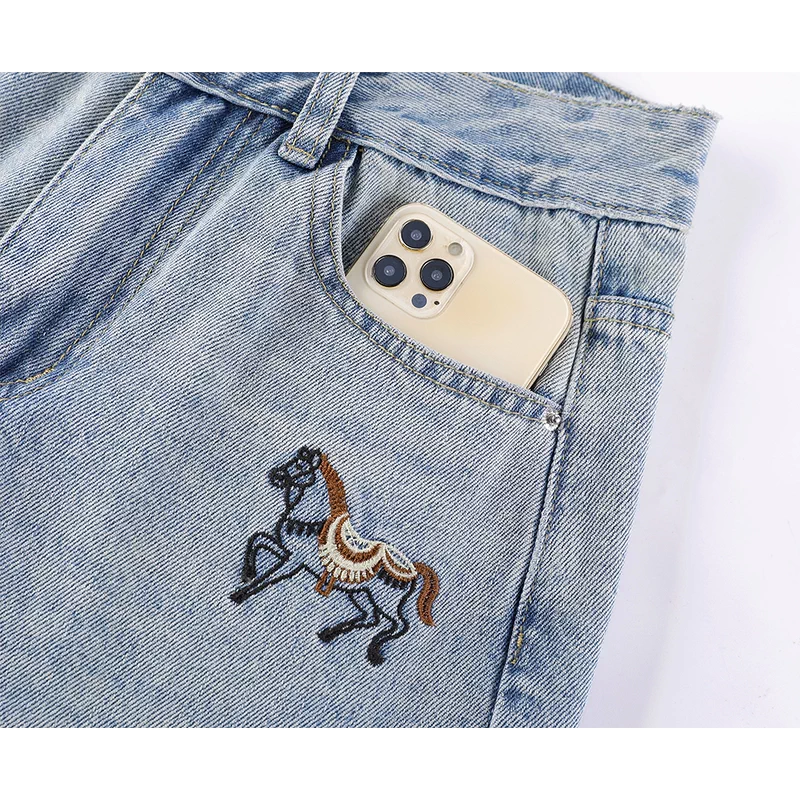 Wide-Leg Denim Pants with Pony Embroidery 3