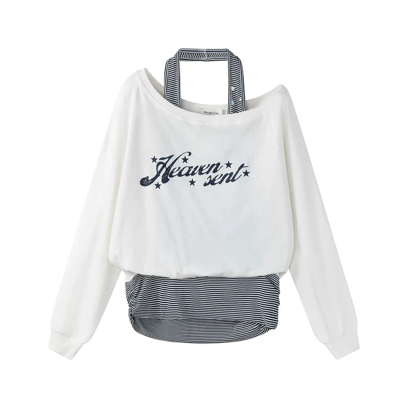 6195996407943,6195996407944, Off-Shoulder Faux Layered Pullover Sweatshirt