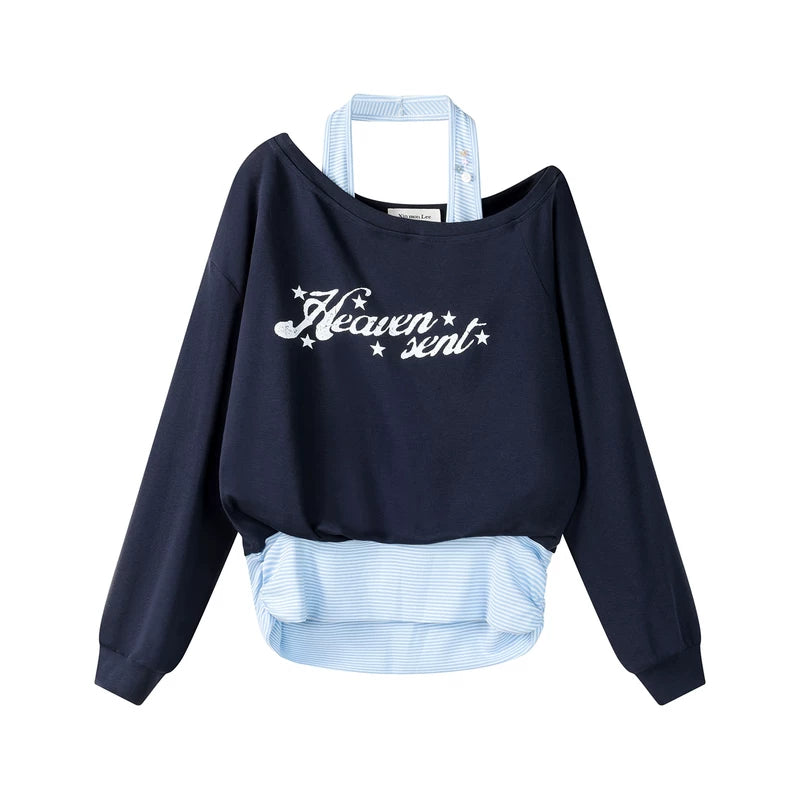 6195996407947,6195996407948, Off-Shoulder Faux Layered Pullover Sweatshirt