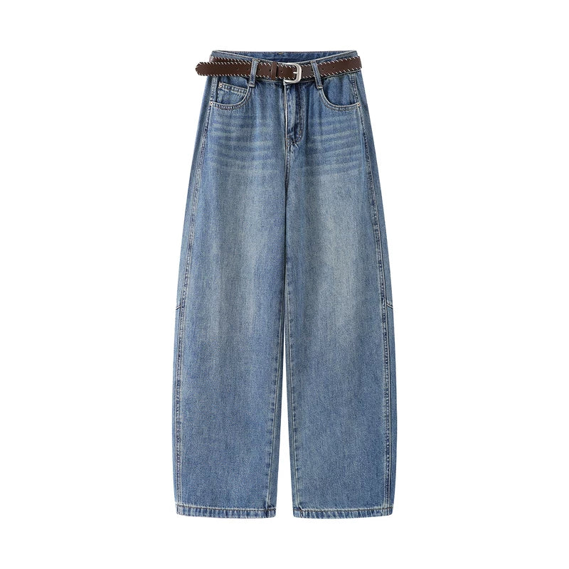 1627207:5515231,6180052206050,1627207:5515231,6180052206051,1627207:5515231,6180052206052,6180052206050,6180052206051,6180052206052, Wide Leg Curved Denim Pants with Belt