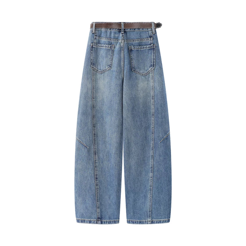 Wide Leg Curved Denim Pants with Belt 2