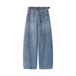 Wide Leg Curved Denim Pants with Belt 2