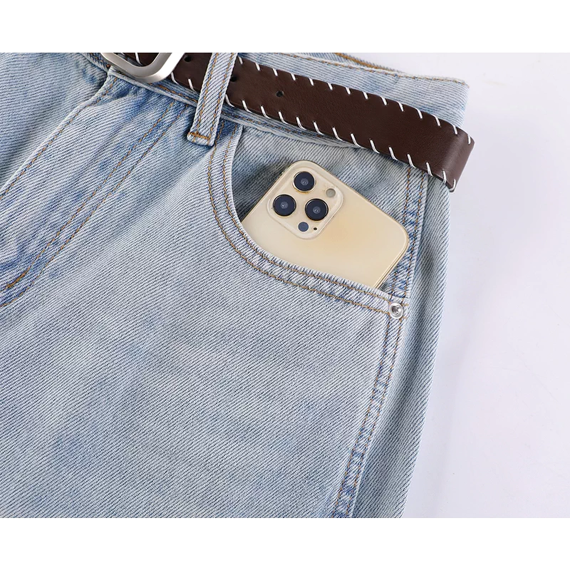 Wide Leg Curved Denim Pants with Belt 3