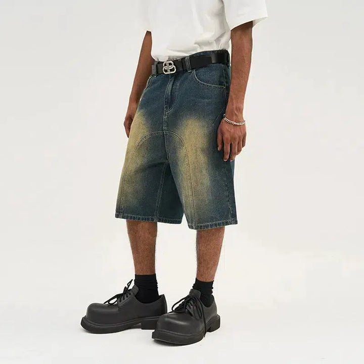 Yellow Green Washed Pleated Denim Shorts