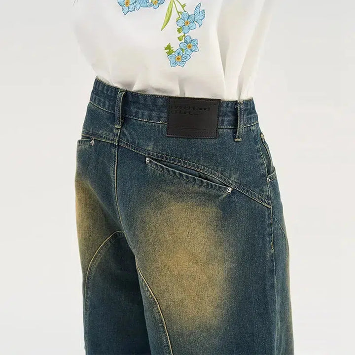 Yellow Green Washed Pleated Denim Shorts