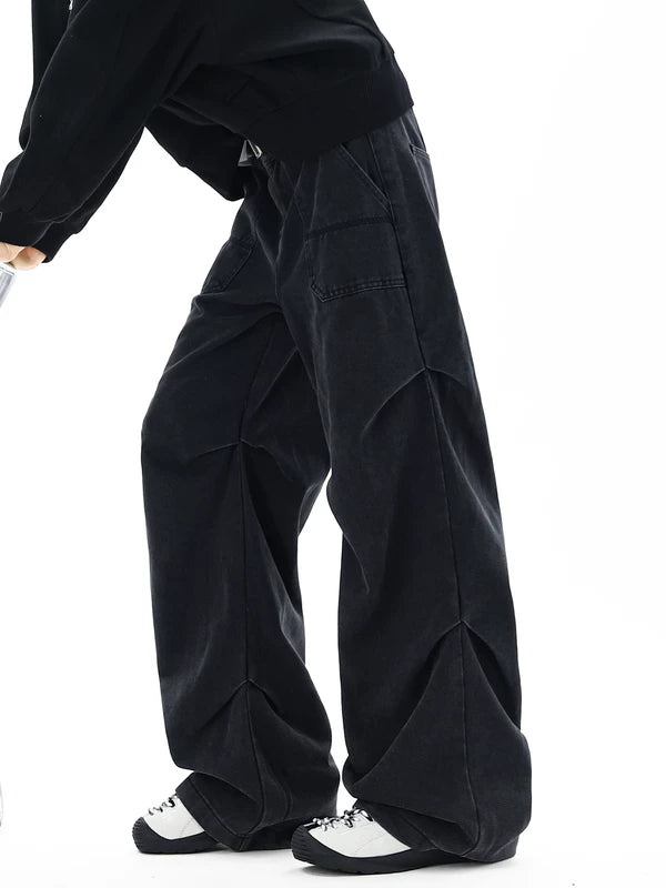 Washed Wide-Leg Pleated Workwear Jeans Pants 4