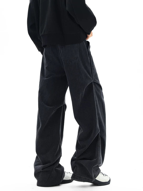 Washed Wide-Leg Pleated Workwear Jeans Pants 5