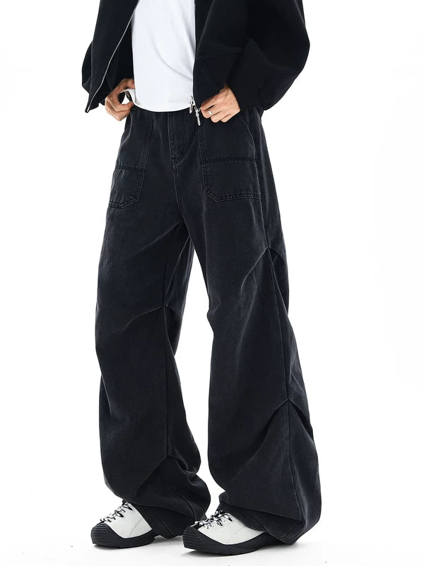 Washed Wide-Leg Pleated Workwear Jeans Pants 6