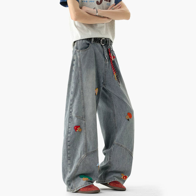 Embroidered Wide Leg Deconstructed Jeans Pants 3