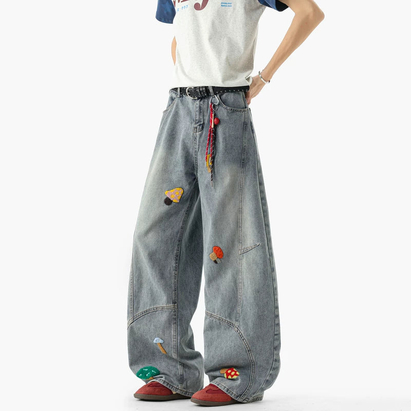 Embroidered Wide Leg Deconstructed Jeans Pants 5