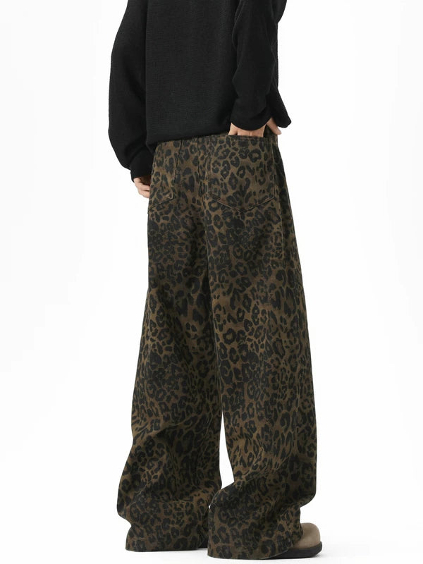 Leopard Print Wide Leg Denim Pants 4