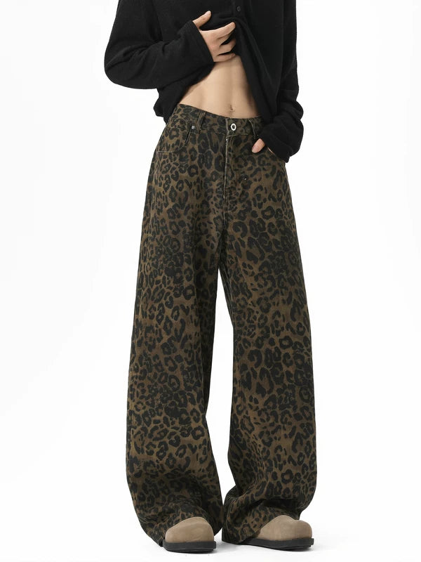 Leopard Print Wide Leg Denim Pants 5