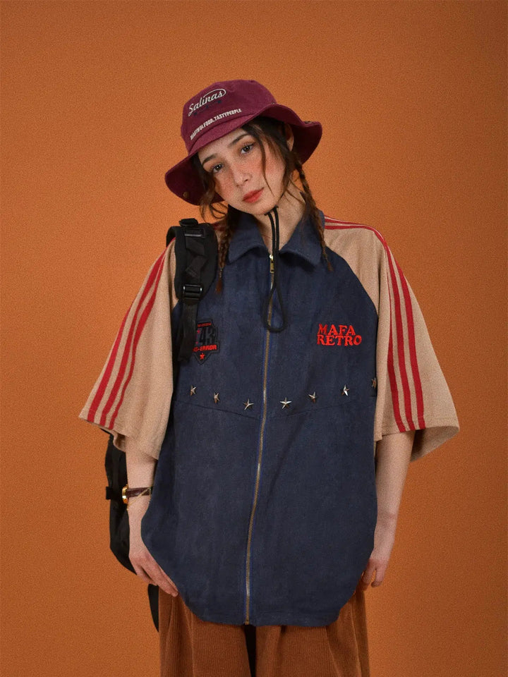 Zip Contrast Color Suede T-shirt