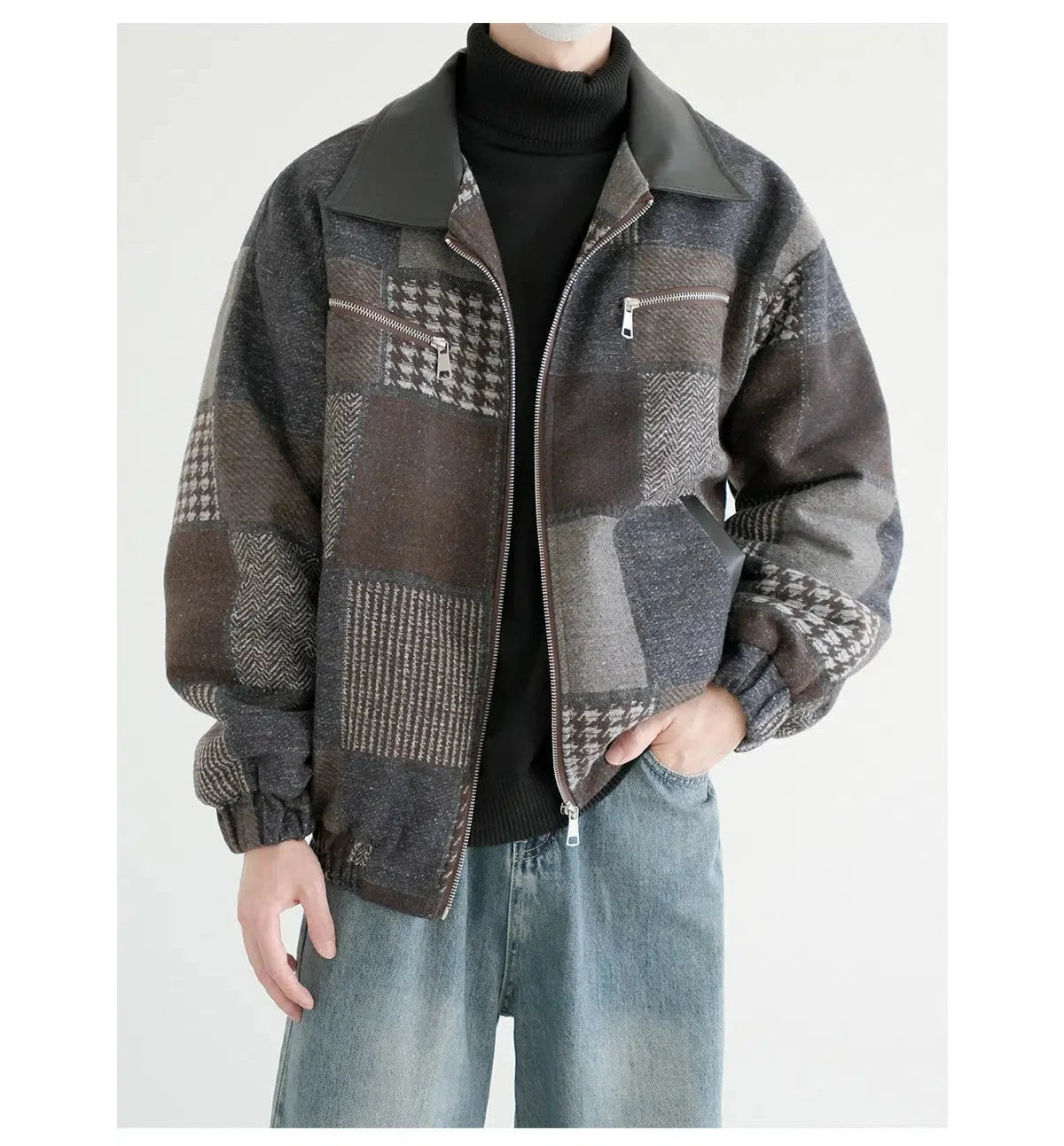 Zip Pockets Patchwork Bomber Jacket