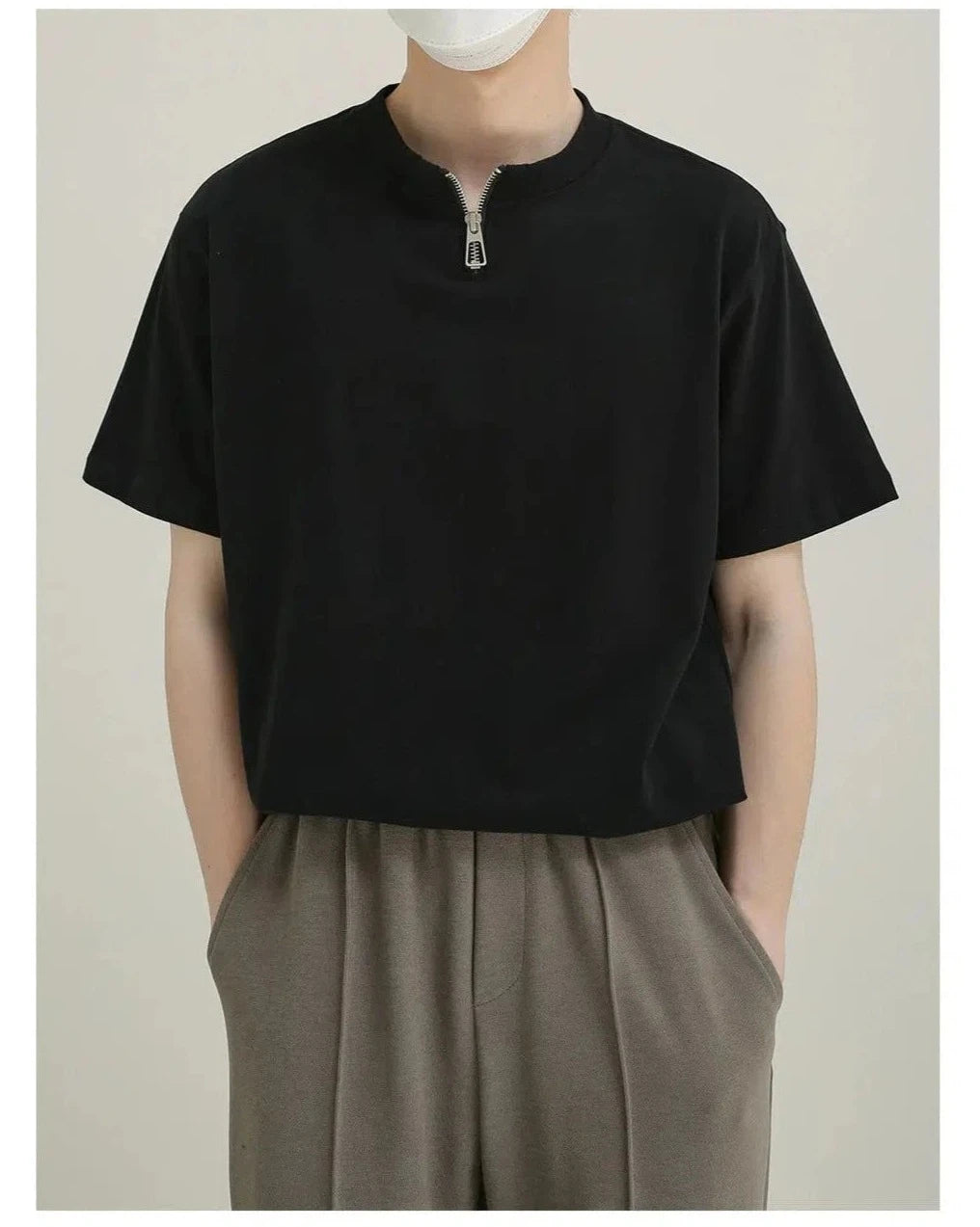 Zip Round Neck Short Sleeve T-shirt