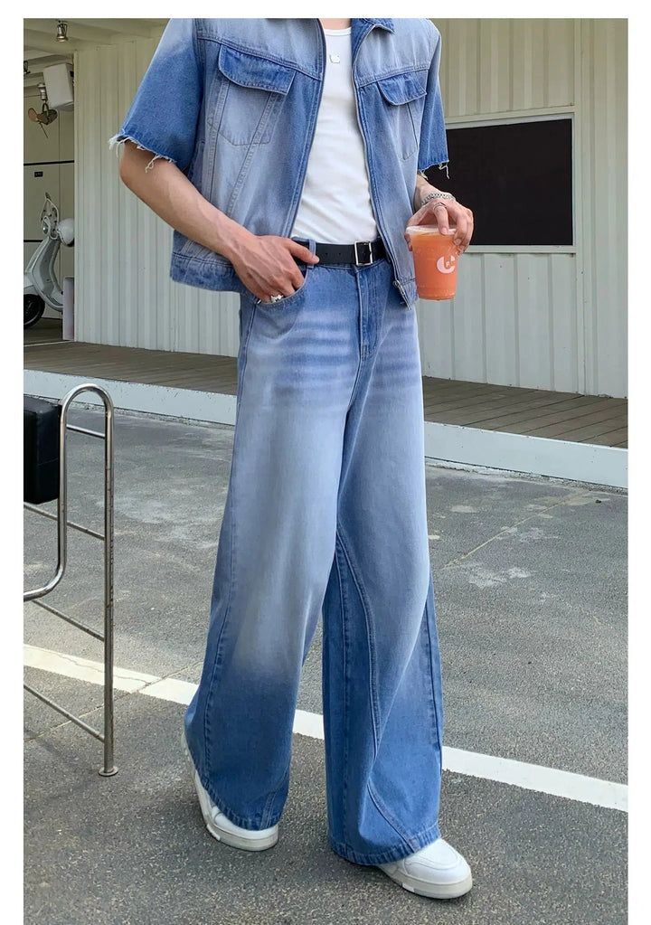 Zip Short Sleeve Denim Shirt & Straight Jeans