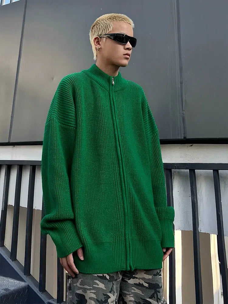 Zip-Up Ribbed Knit Cardigan