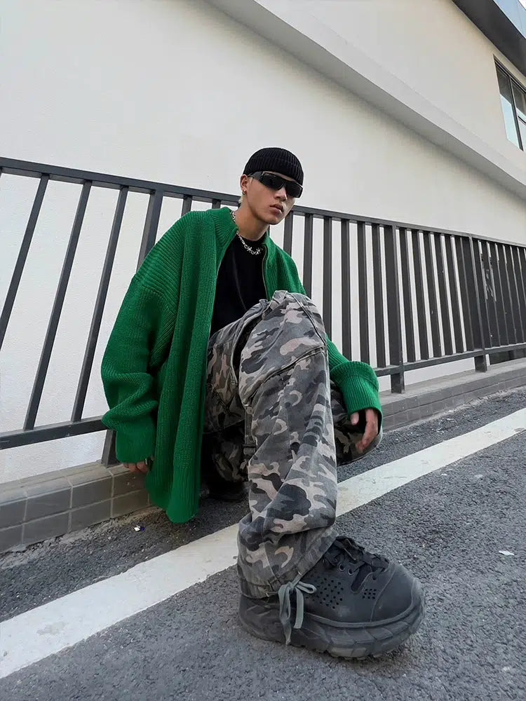 Zip-Up Ribbed Knit Cardigan