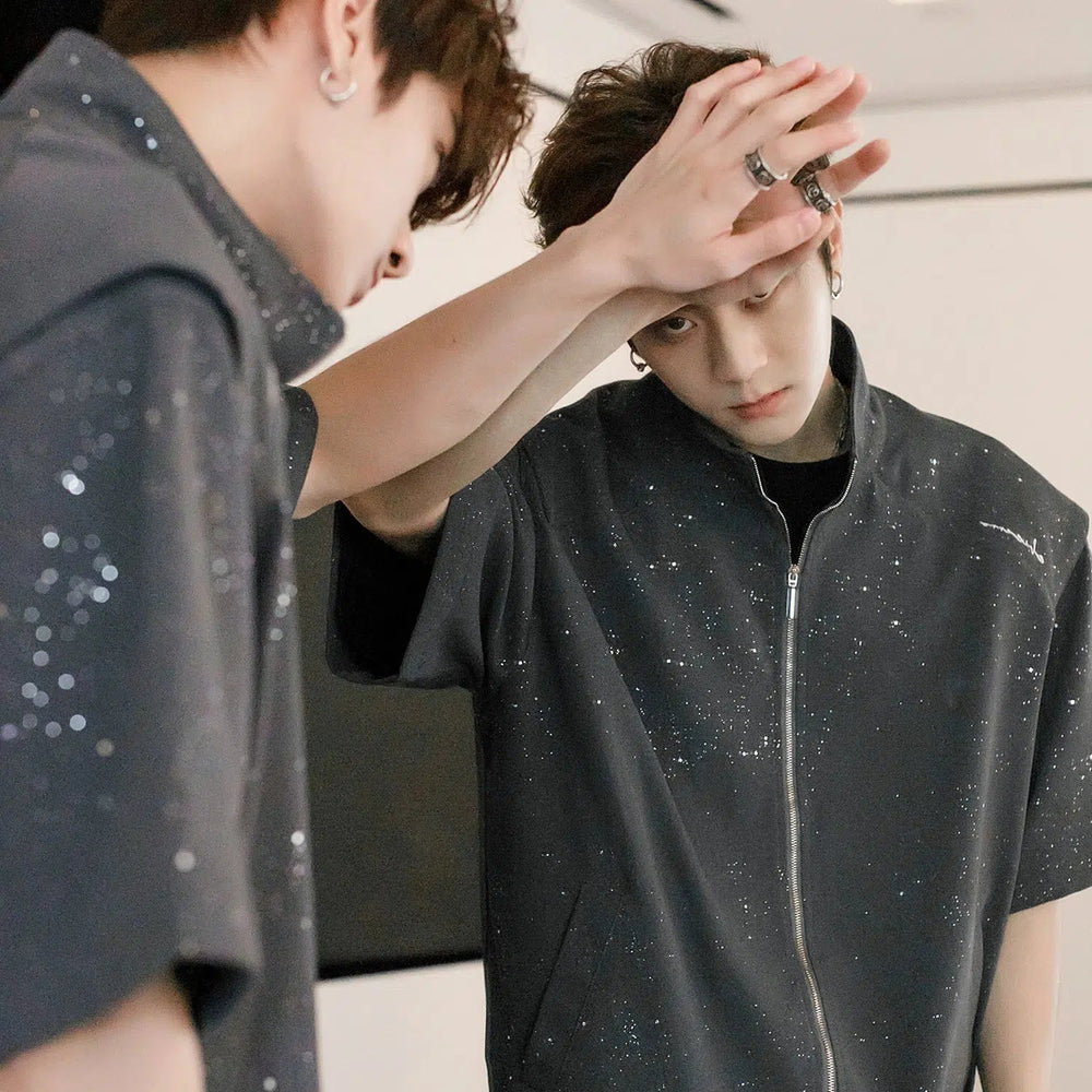 Zip-Up Short Sleeve Sequined Shirt