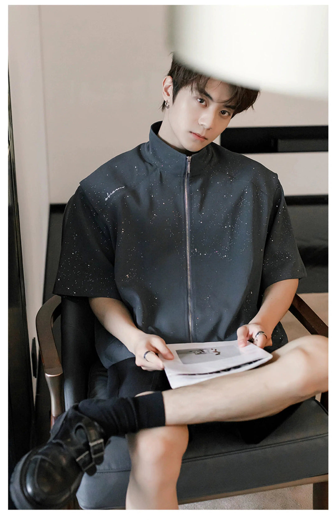 Zip-Up Short Sleeve Sequined Shirt