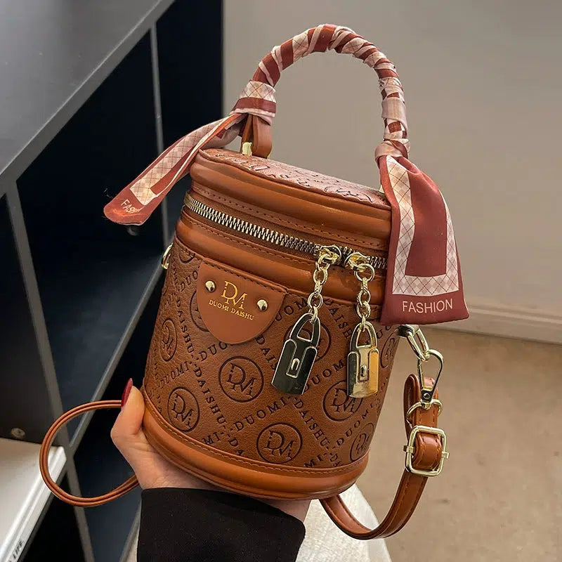 Zipper Closure Embossed Bucket Handbag