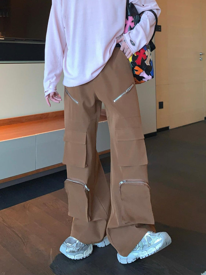 Zipper Multi-pocket Wide-leg Cargo Pants