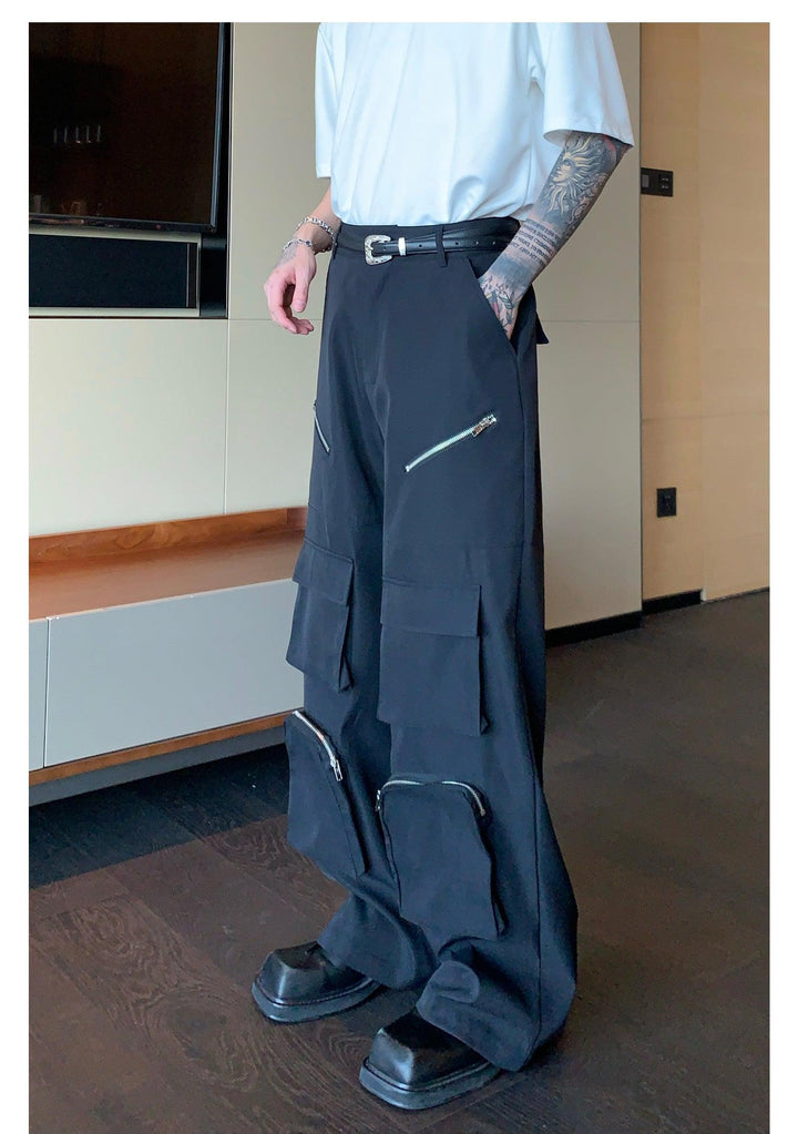 Zipper Multi-pocket Wide-leg Cargo Pants