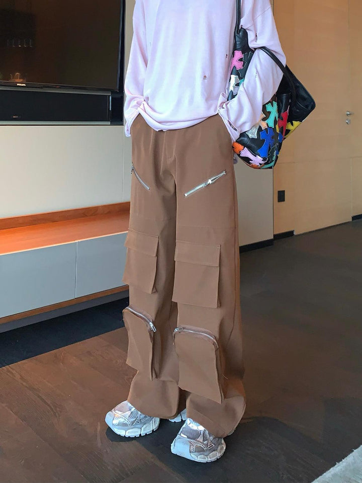 Zipper Multi-pocket Wide-leg Cargo Pants