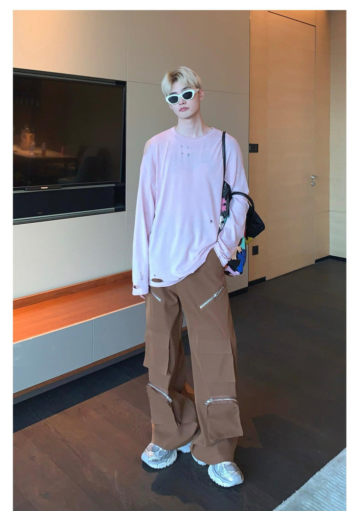 Zipper Multi-pocket Wide-leg Cargo Pants