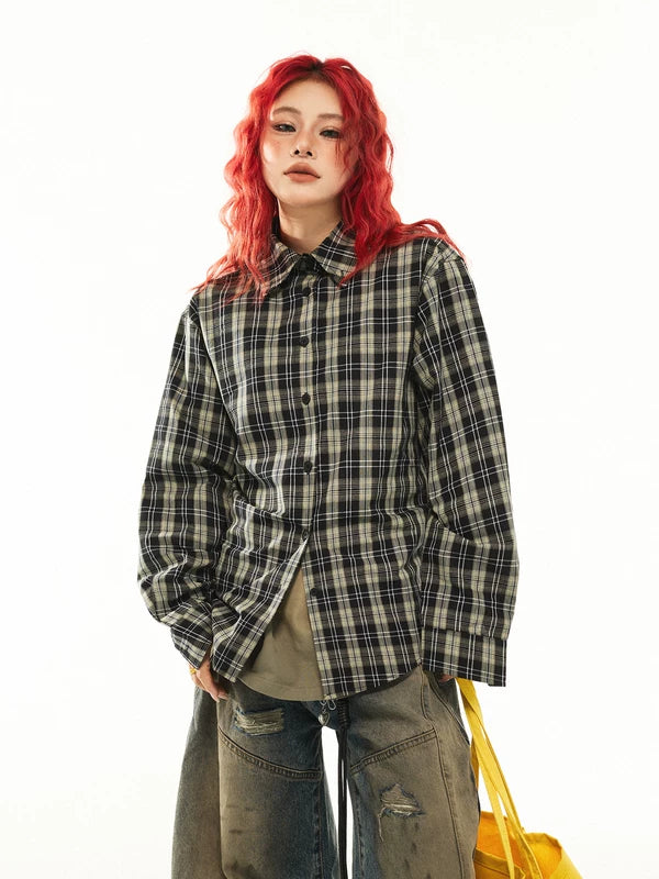 Adjustable Waist Plaid Long Sleeve Shirt 3