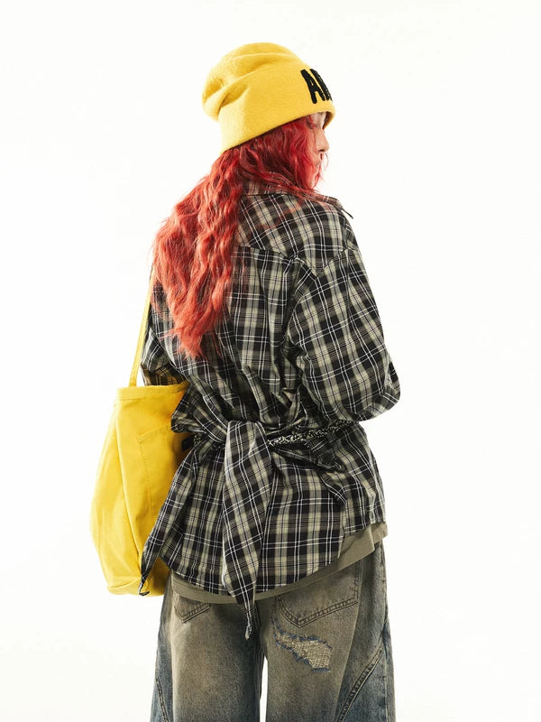 Adjustable Waist Plaid Long Sleeve Shirt 4