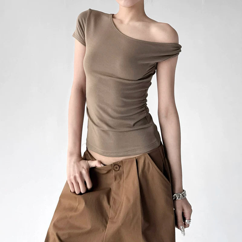 6194488695358,6194488695359,6194488695360,6194488695361, Asymmetric Off-Shoulder Short Sleeve Top