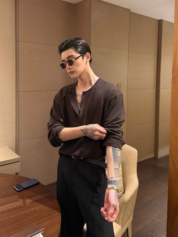 Asymmetrical Button V-Neck Knit Pullover 4