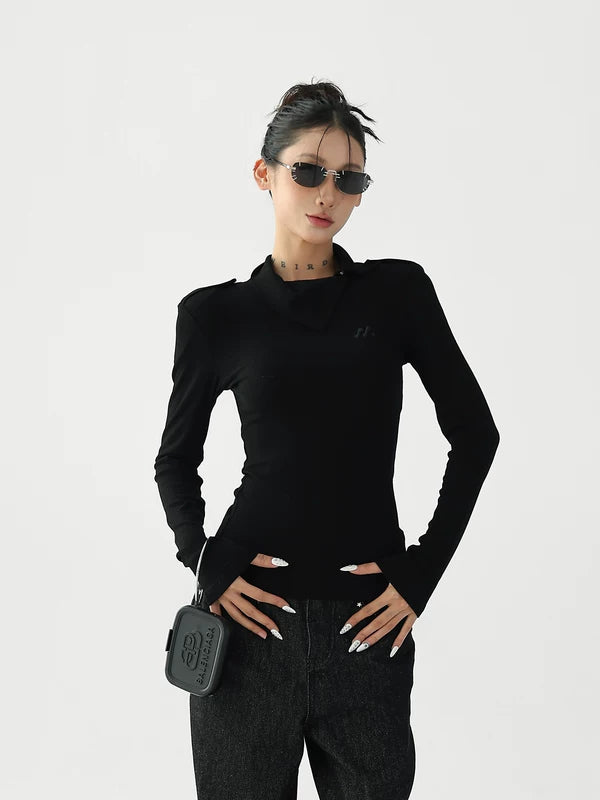 alt_id_609309640, Asymmetrical Collar Slim Fit Long-Sleeve Top