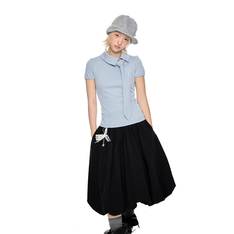 6197201087651,6197201087652,6197201087653, Asymmetrical Neck Puff Sleeve Knit Top