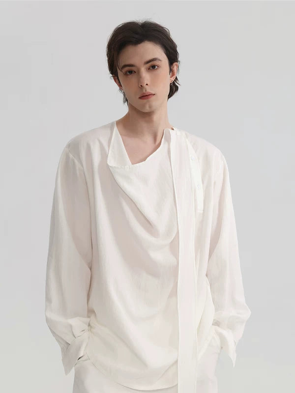 Asymmetrical Placket Draped Ribbon Shirt 5