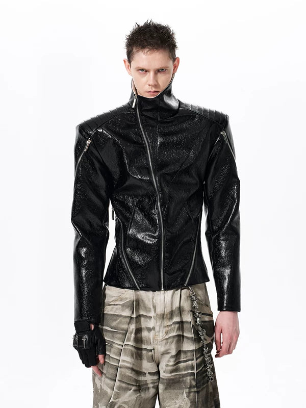 Asymmetrical Zip Stand Collar Leather Jacket 2