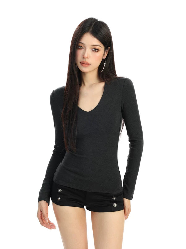 Basic V-Neck Long Sleeve Pullover Top 2