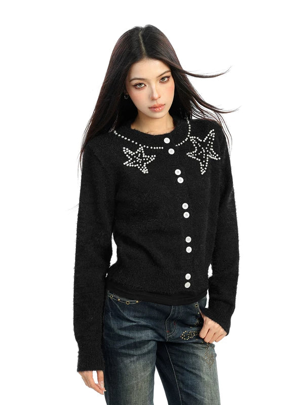 1627207:28341,6171371370438,1627207:28341,6171371370437,1627207:28341,6171371370436,6171371370438,6171371370437,6171371370436, Beaded Star Round Neck Knit Cardigan