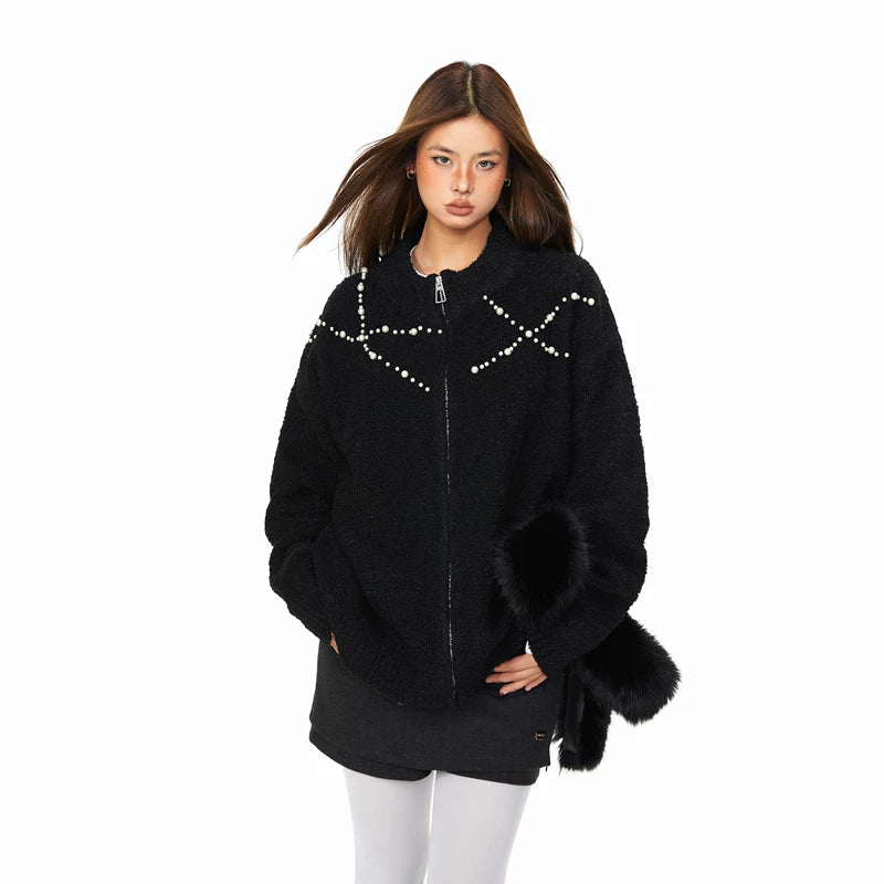 Beaded Zip Front Fuzzy Knit Cardigan 3