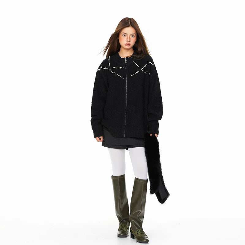 Beaded Zip Front Fuzzy Knit Cardigan 5