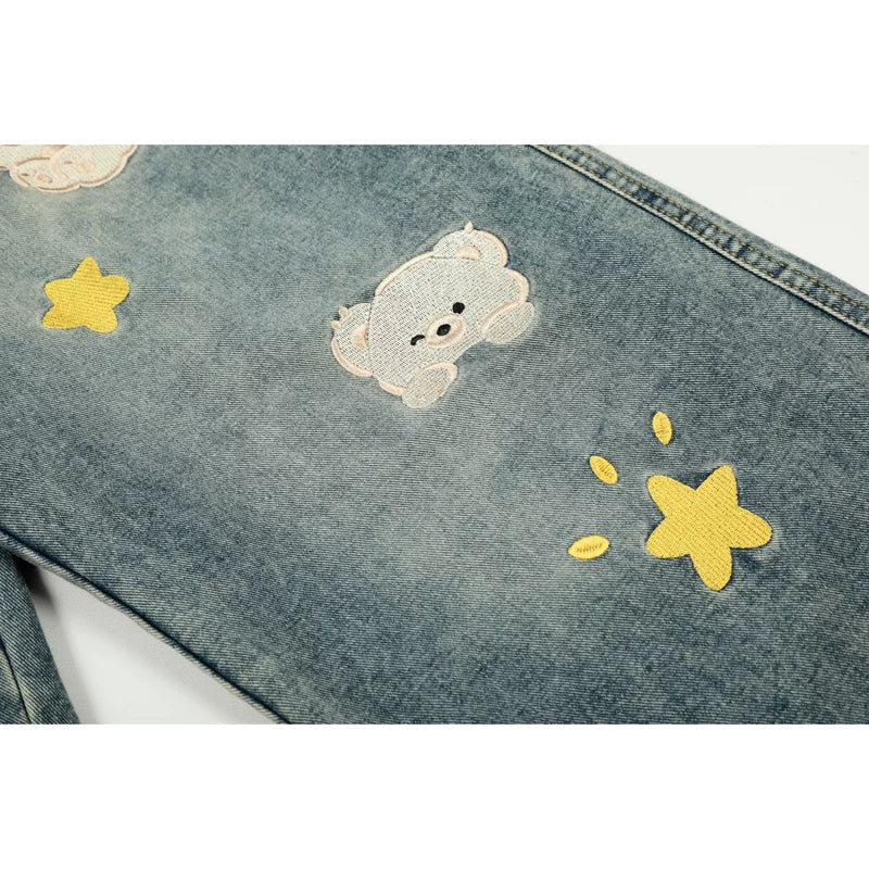 Bear Embroidered Wide Leg Jeans Pants 2