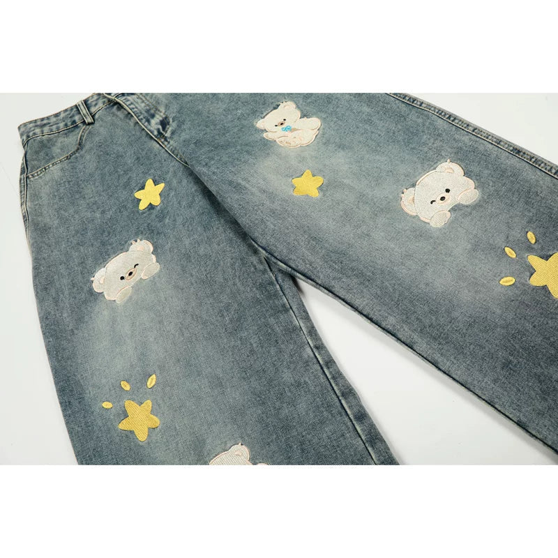 Bear Embroidered Wide Leg Jeans Pants 4