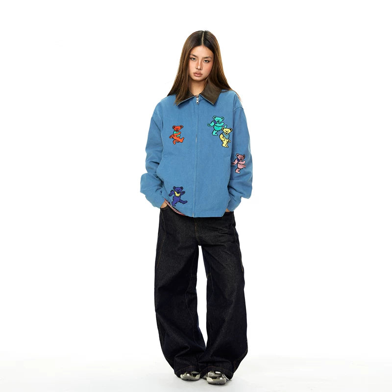 Bear Embroidered Zip Up Casual Jacket 4