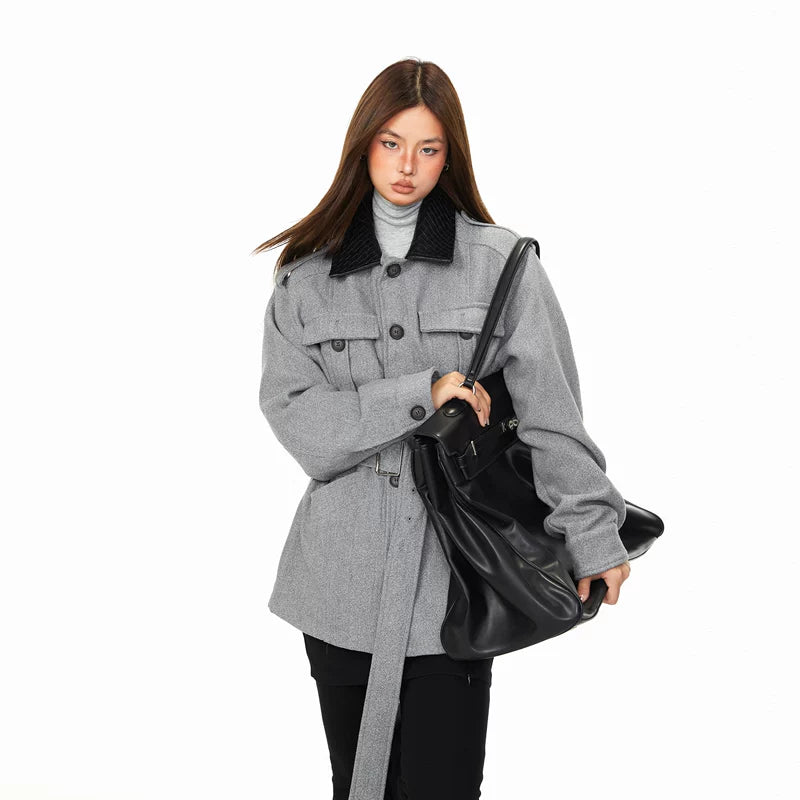 ,1627207:28334,6149581599577,1627207:28334,6149581599576,1627207:28334,6149581599575,6149581599577,6149581599576,6149581599575, Belted Wool Coat with Contrast Collar