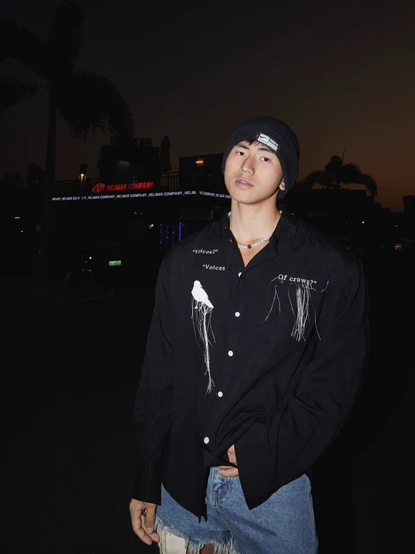 Bird Embroidery Loose-Fit Long Sleeve Shirt 2